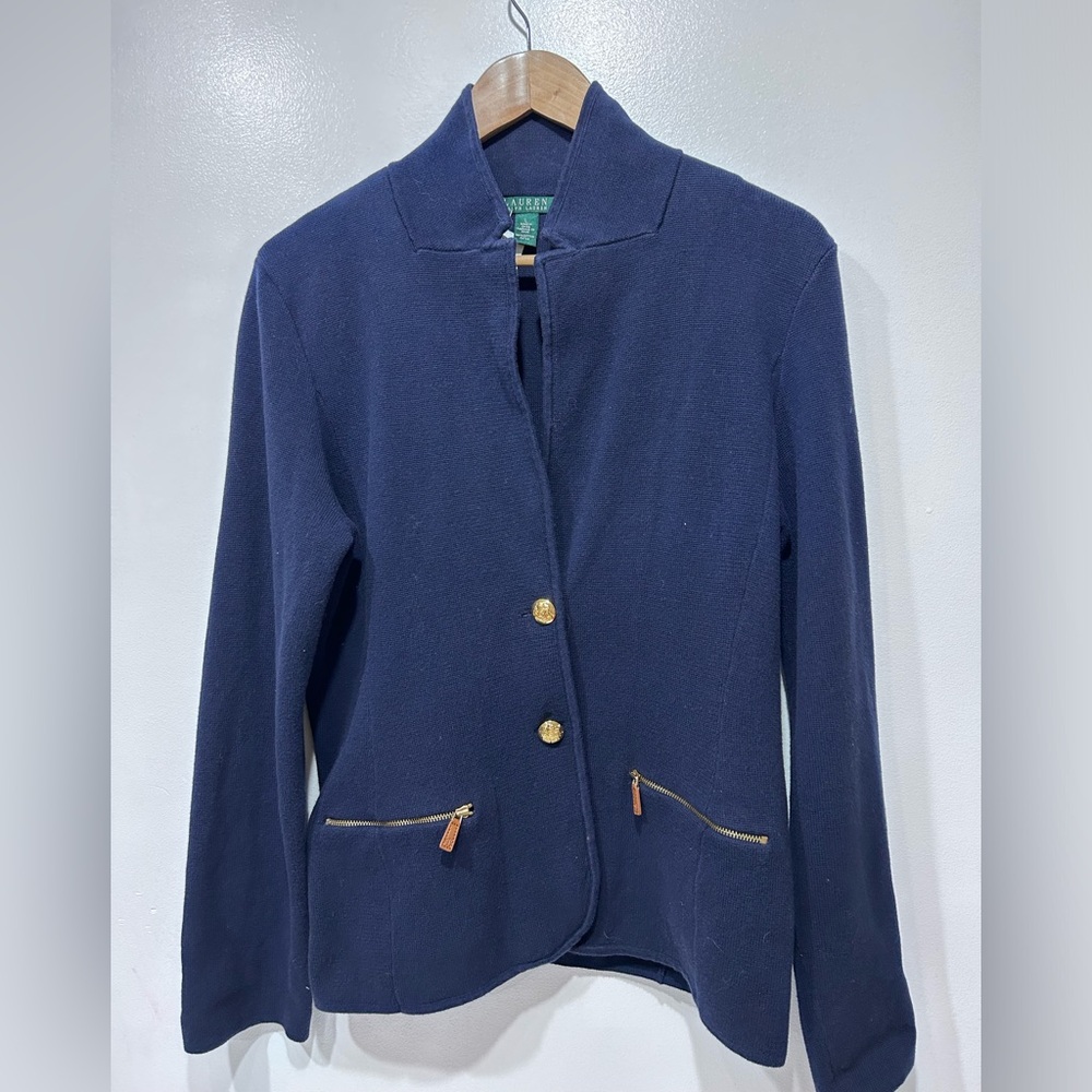 Lauren‎ Ralph Lauren Women’s Navy Cotton Knit Blazer w/ Gold Buttons Size L